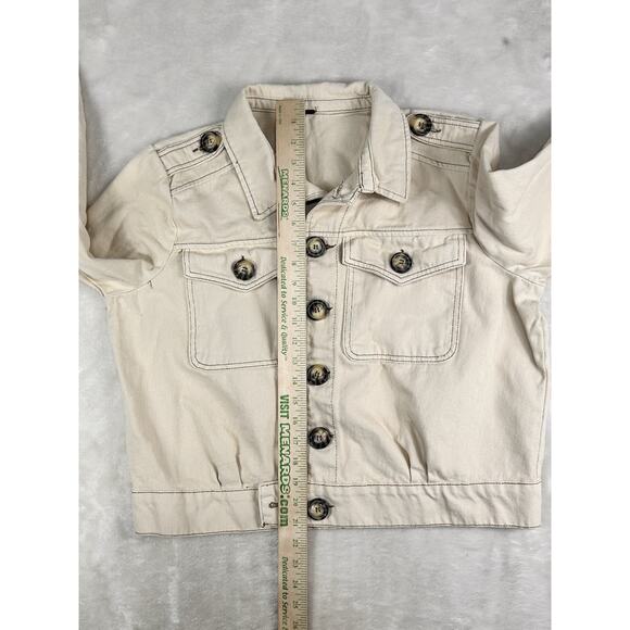 Free People Jacket Womens Sz Large Cream Denim Rumors Biker Button Up Cropped - Picture 5 of 6